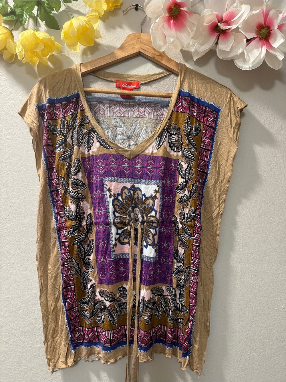 Rainbow Beige Tunic Top with Purple & Gold Printed Panels